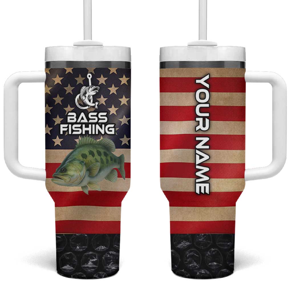 Custom Largemouth Bass Fishing Tumbler With Handle American Flag and Bubble Texture Background - Wonder Print Shop