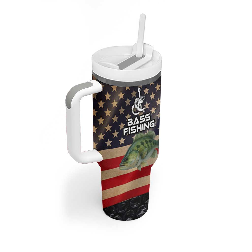 Custom Largemouth Bass Fishing Tumbler With Handle American Flag and Bubble Texture Background - Wonder Print Shop