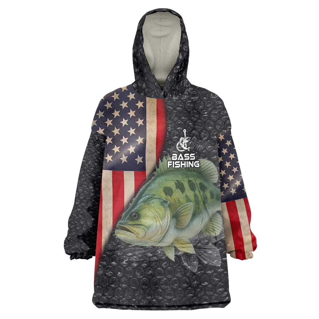 Custom Largemouth Bass Fishing Wearable Blanket Hoodie American Flag and Bubble Texture Background - Wonder Print Shop