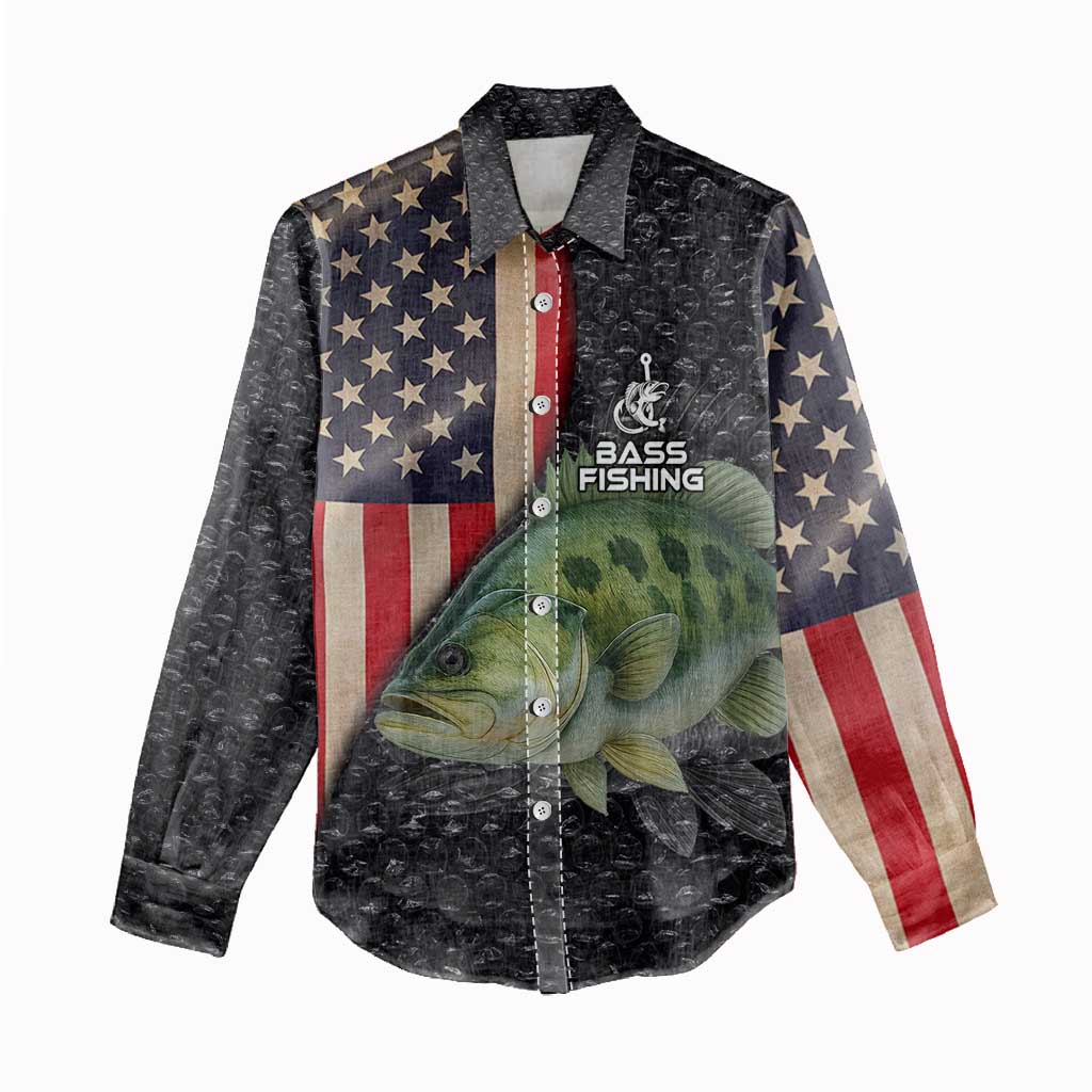 Custom Largemouth Bass Fishing Women Casual Shirt American Flag and Bubble Texture Background - Wonder Print Shop