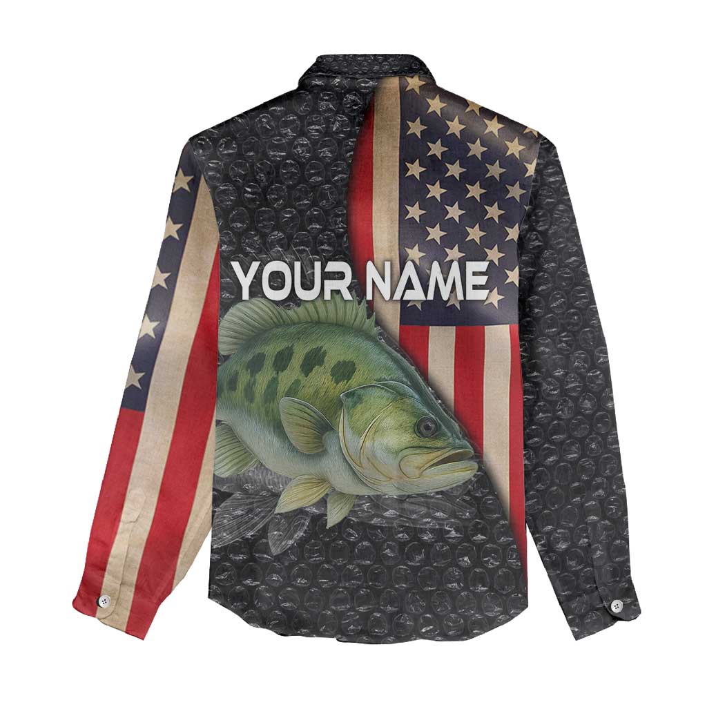 Custom Largemouth Bass Fishing Women Casual Shirt American Flag and Bubble Texture Background - Wonder Print Shop