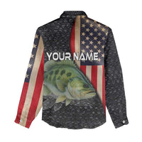 Custom Largemouth Bass Fishing Women Casual Shirt American Flag and Bubble Texture Background - Wonder Print Shop