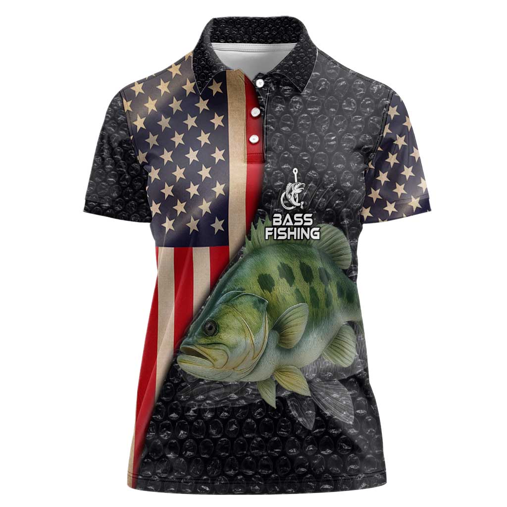 Custom Largemouth Bass Fishing Women Polo Shirt American Flag and Bubble Texture Background - Wonder Print Shop