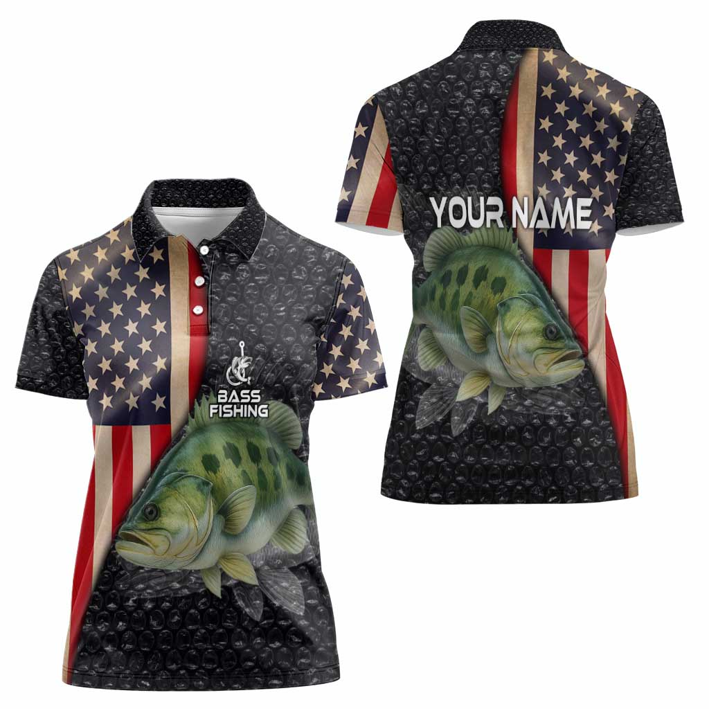Custom Largemouth Bass Fishing Women Polo Shirt American Flag and Bubble Texture Background - Wonder Print Shop