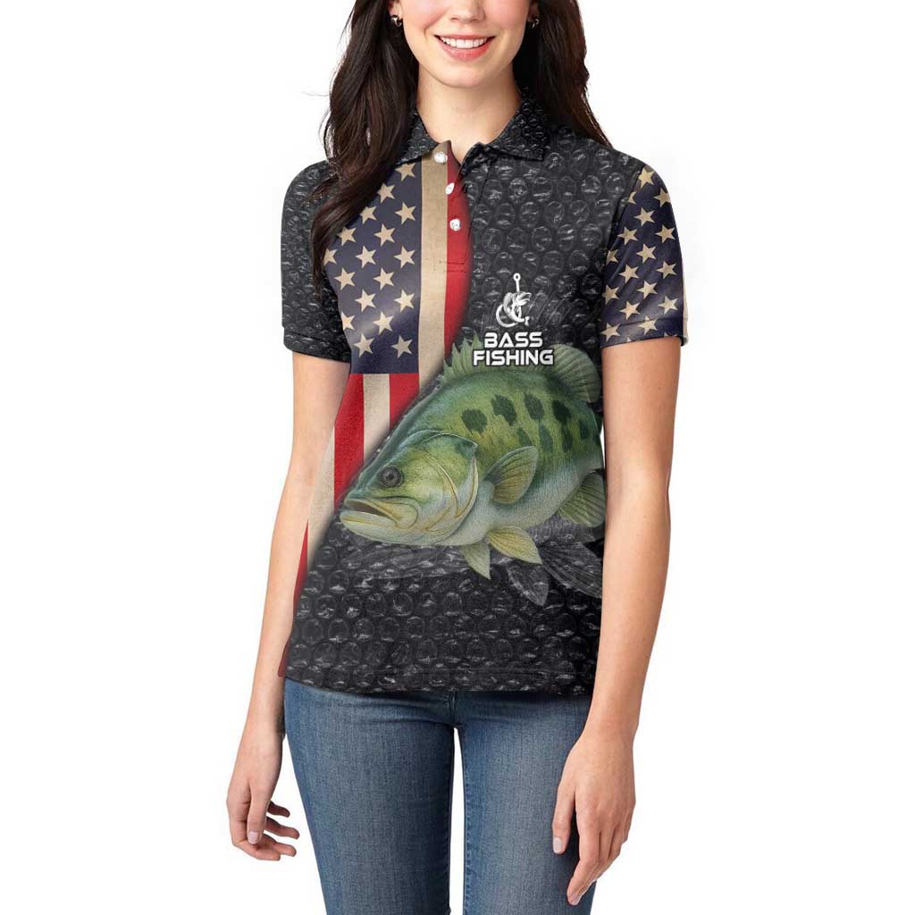 Custom Largemouth Bass Fishing Women Polo Shirt American Flag and Bubble Texture Background - Wonder Print Shop