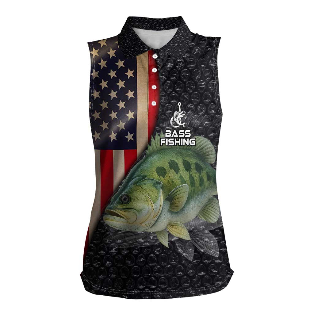 Custom Largemouth Bass Fishing Women Sleeveless Polo Shirt American Flag and Bubble Texture Background - Wonder Print Shop
