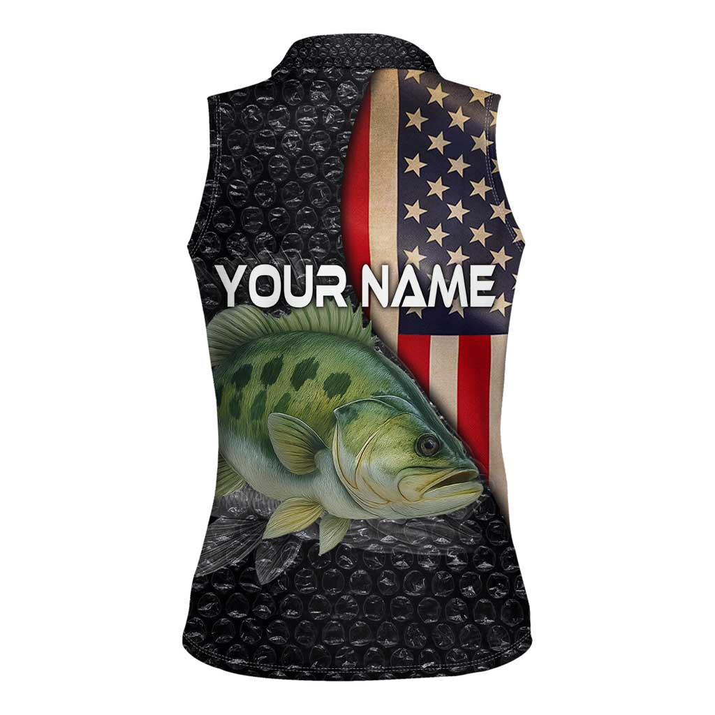 Custom Largemouth Bass Fishing Women Sleeveless Polo Shirt American Flag and Bubble Texture Background - Wonder Print Shop