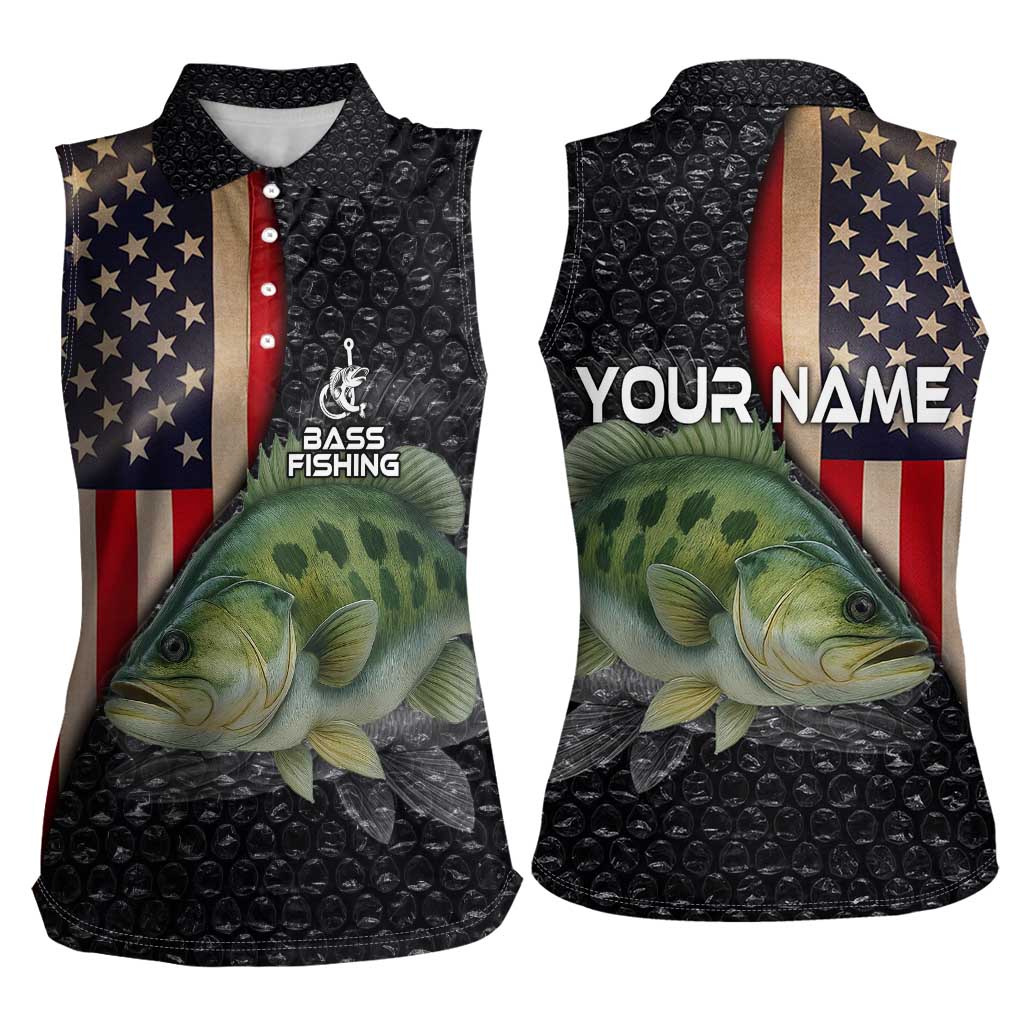 Custom Largemouth Bass Fishing Women Sleeveless Polo Shirt American Flag and Bubble Texture Background - Wonder Print Shop