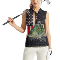 Custom Largemouth Bass Fishing Women Sleeveless Polo Shirt American Flag and Bubble Texture Background - Wonder Print Shop