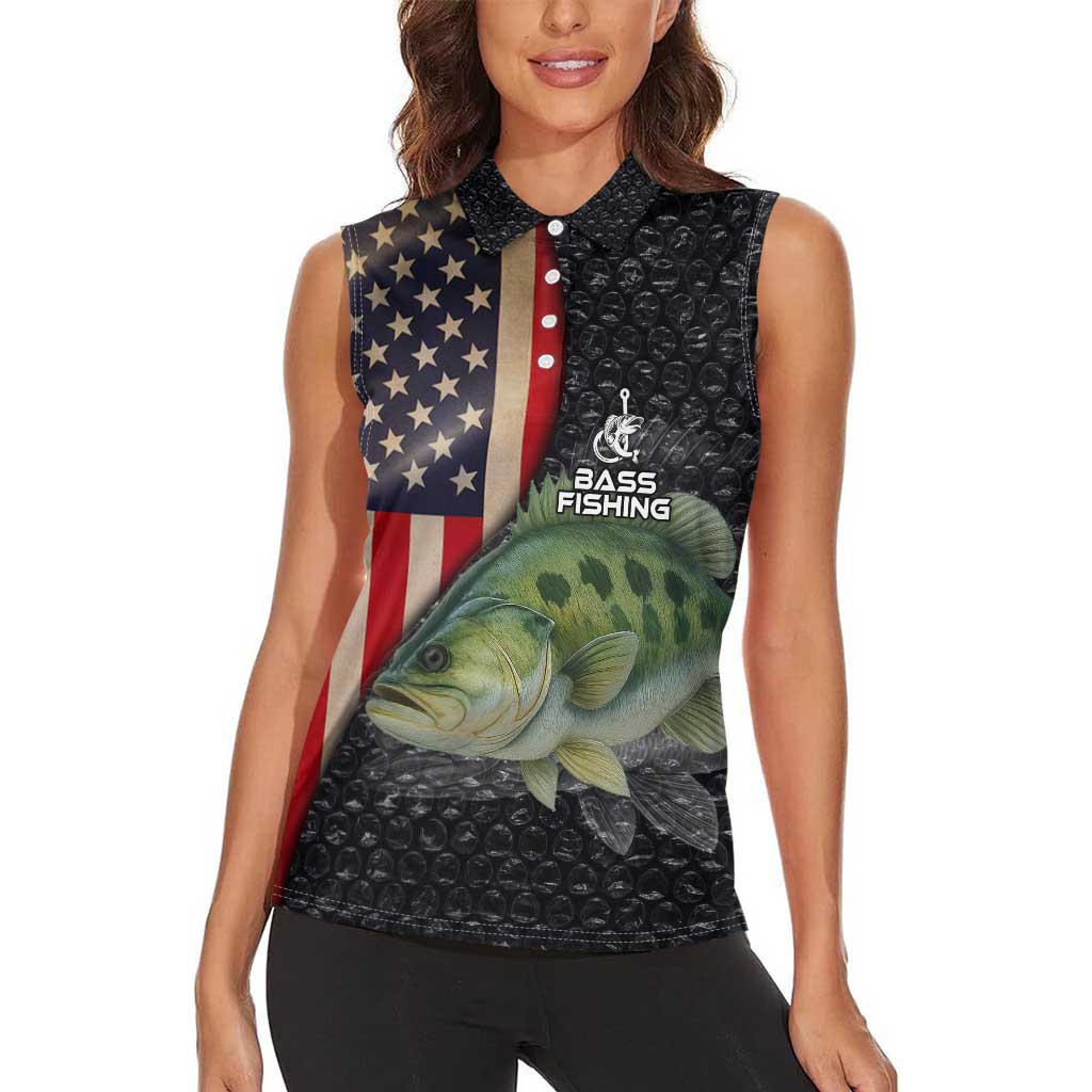 Custom Largemouth Bass Fishing Women Sleeveless Polo Shirt American Flag and Bubble Texture Background - Wonder Print Shop