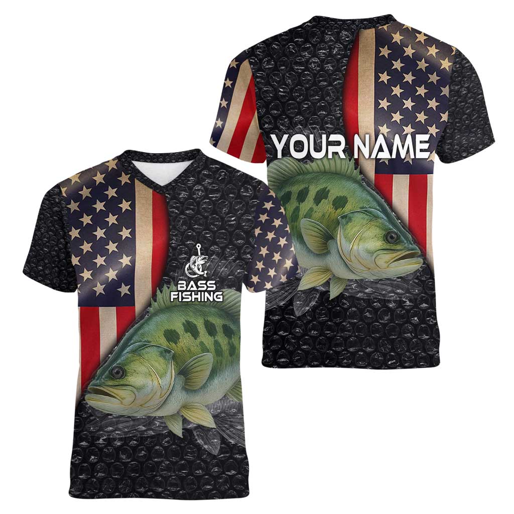 Custom Largemouth Bass Fishing Women V-Neck T-Shirt American Flag and Bubble Texture Background - Wonder Print Shop