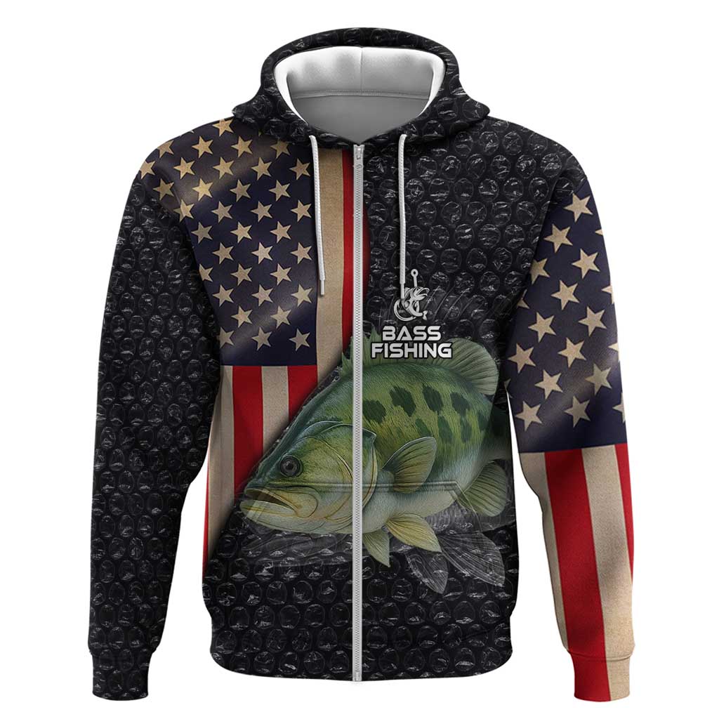 Custom Largemouth Bass Fishing Zip Hoodie American Flag and Bubble Texture Background - Wonder Print Shop