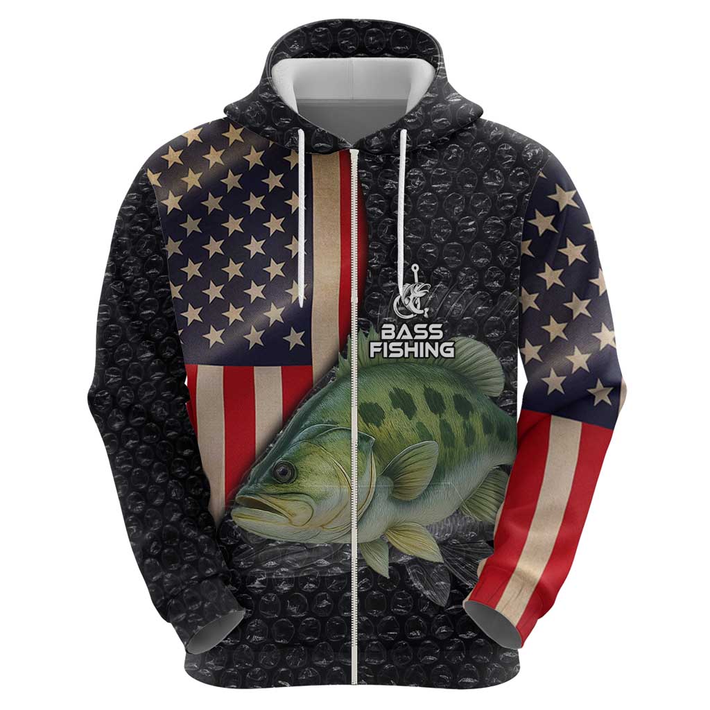 Custom Largemouth Bass Fishing Zip Hoodie American Flag and Bubble Texture Background - Wonder Print Shop