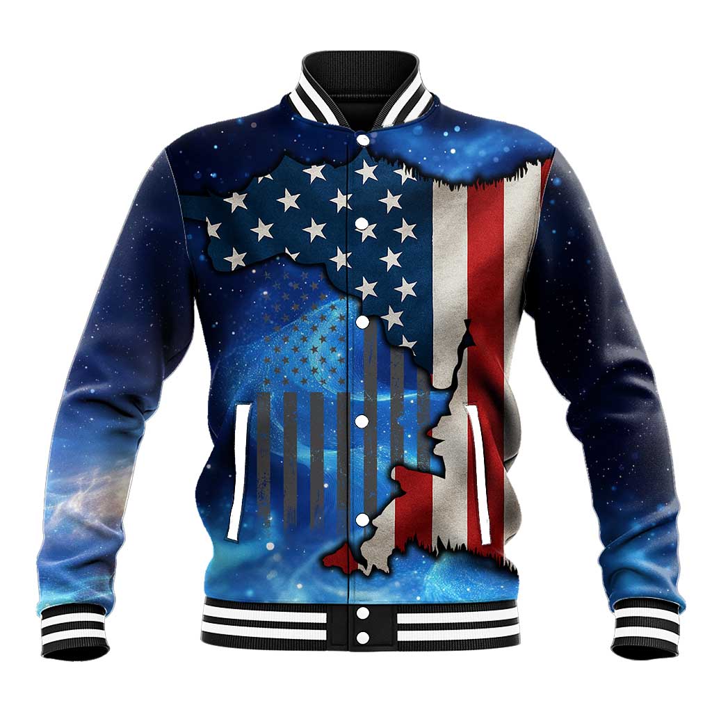Custom American Flag Universe Patriotic Baseball Jacket Blue Galaxy Sky Graphic Design - Wonder Print Shop