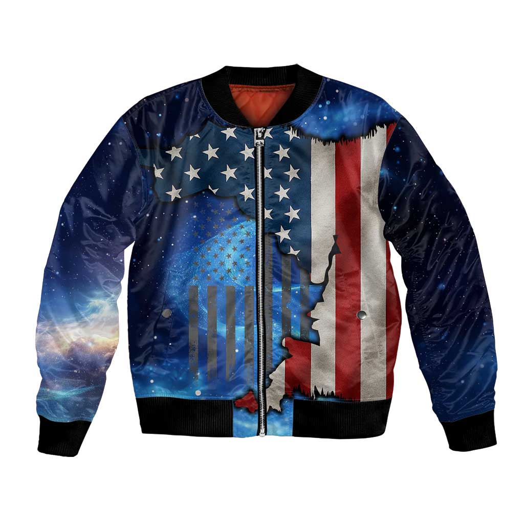 Custom American Flag Universe Patriotic Bomber Jacket Blue Galaxy Sky Graphic Design - Wonder Print Shop
