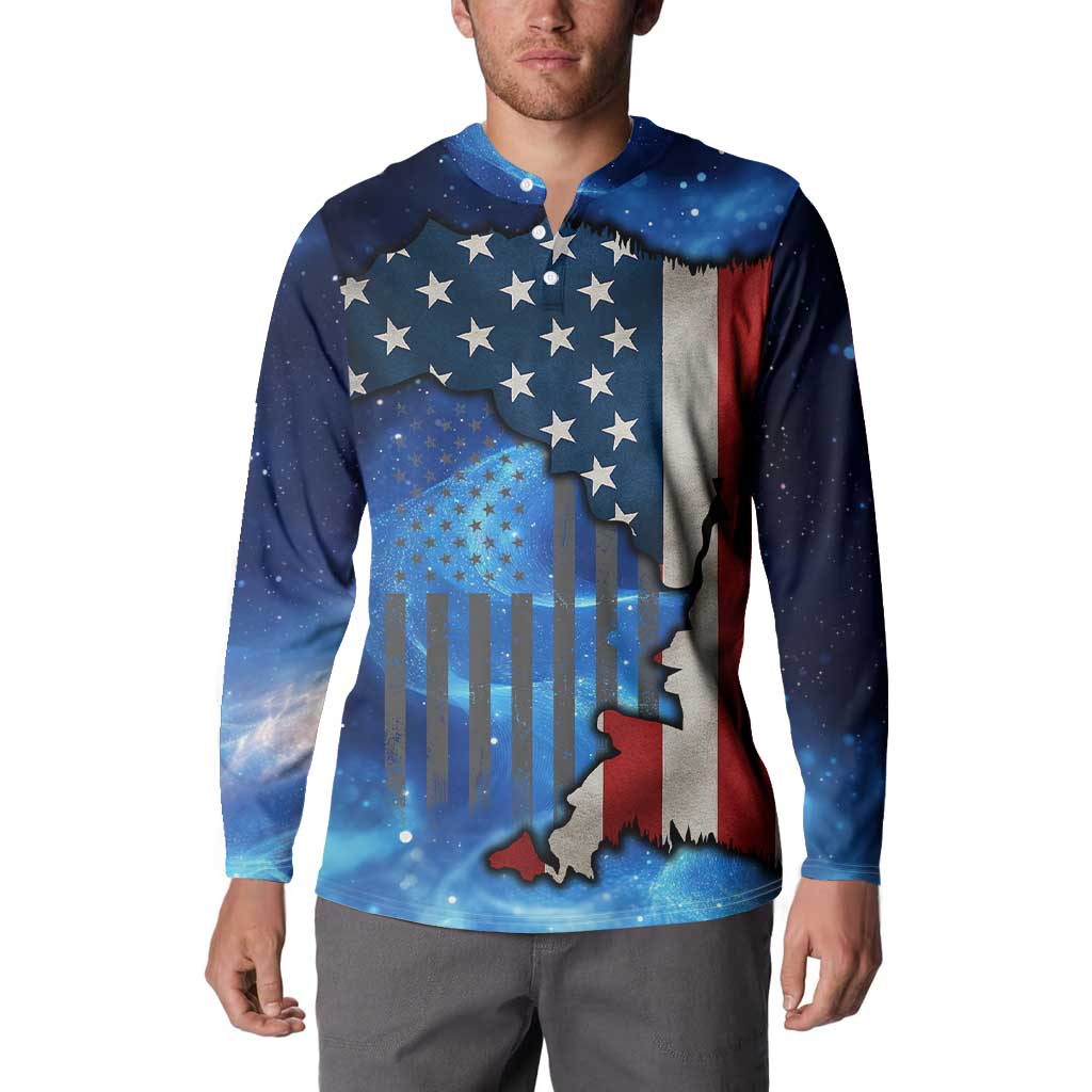 Custom American Flag Universe Patriotic Button Sweatshirt Blue Galaxy Sky Graphic Design - Wonder Print Shop