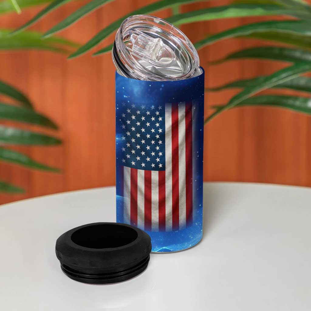 Custom American Flag Universe Patriotic 4 in 1 Can Cooler Tumbler Blue Galaxy Sky Graphic Design - Wonder Print Shop