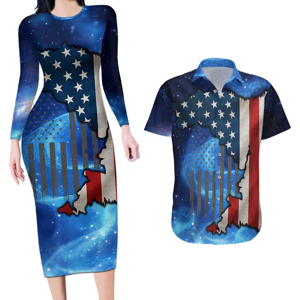 Custom American Flag Universe Patriotic Couples Matching Long Sleeve Bodycon Dress and Hawaiian Shirt Blue Galaxy Sky Graphic Design - Wonder Print Shop