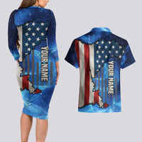 Custom American Flag Universe Patriotic Couples Matching Long Sleeve Bodycon Dress and Hawaiian Shirt Blue Galaxy Sky Graphic Design - Wonder Print Shop