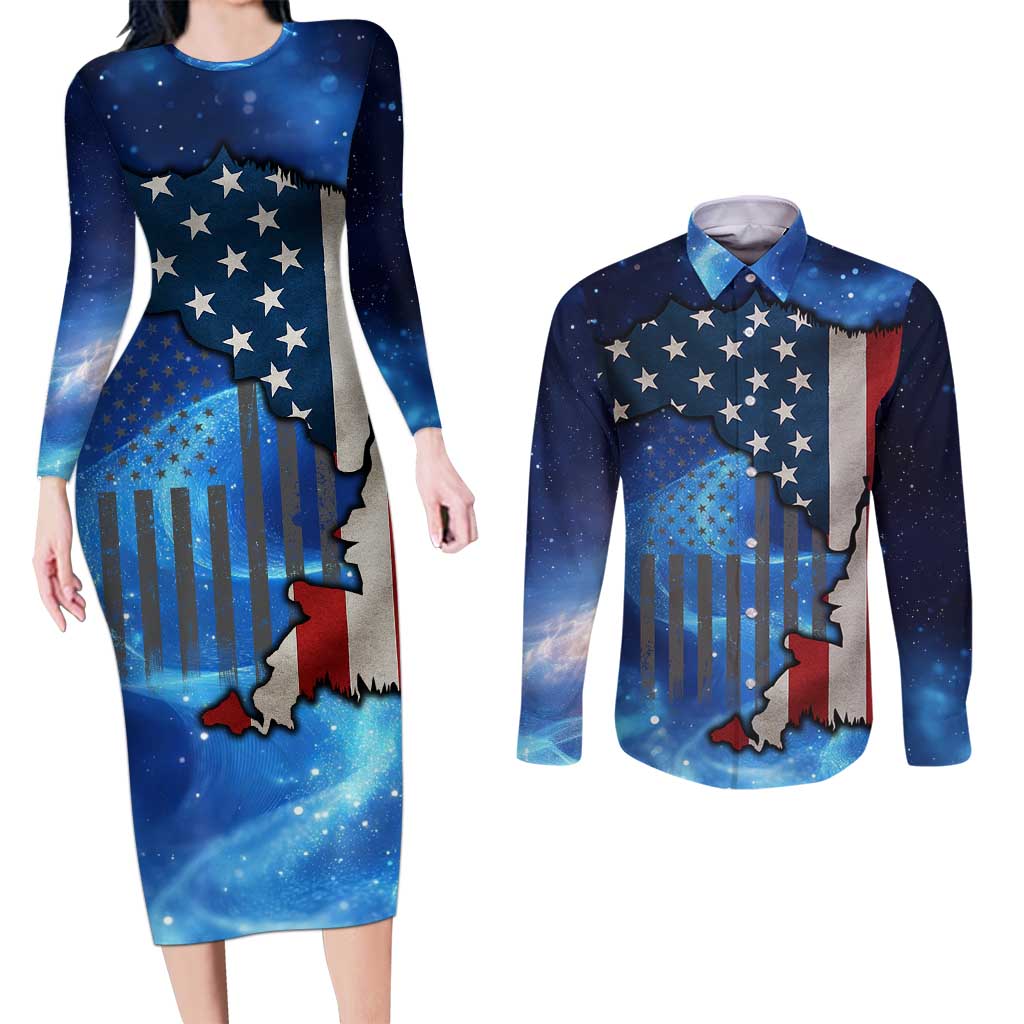 Custom American Flag Universe Patriotic Couples Matching Long Sleeve Bodycon Dress and Long Sleeve Button Shirt Blue Galaxy Sky Graphic Design - Wonder Print Shop