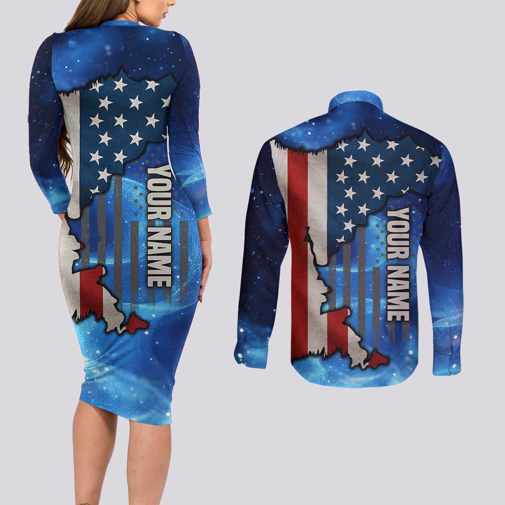 Custom American Flag Universe Patriotic Couples Matching Long Sleeve Bodycon Dress and Long Sleeve Button Shirt Blue Galaxy Sky Graphic Design - Wonder Print Shop