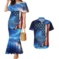 Custom American Flag Universe Patriotic Couples Matching Mermaid Dress and Hawaiian Shirt Blue Galaxy Sky Graphic Design - Wonder Print Shop