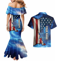 Custom American Flag Universe Patriotic Couples Matching Mermaid Dress and Hawaiian Shirt Blue Galaxy Sky Graphic Design - Wonder Print Shop