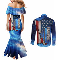 Custom American Flag Universe Patriotic Couples Matching Mermaid Dress and Long Sleeve Button Shirt Blue Galaxy Sky Graphic Design - Wonder Print Shop