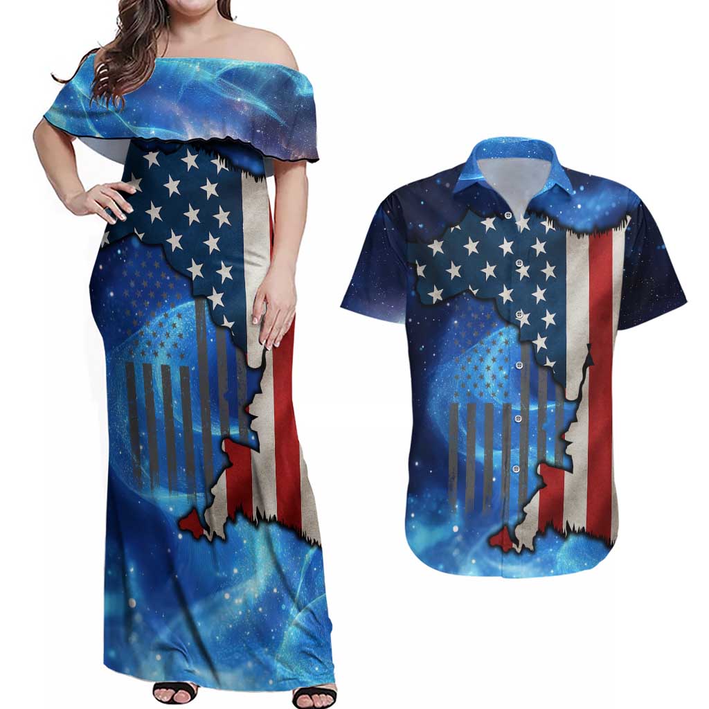 Custom American Flag Universe Patriotic Couples Matching Off Shoulder Maxi Dress and Hawaiian Shirt Blue Galaxy Sky Graphic Design - Wonder Print Shop
