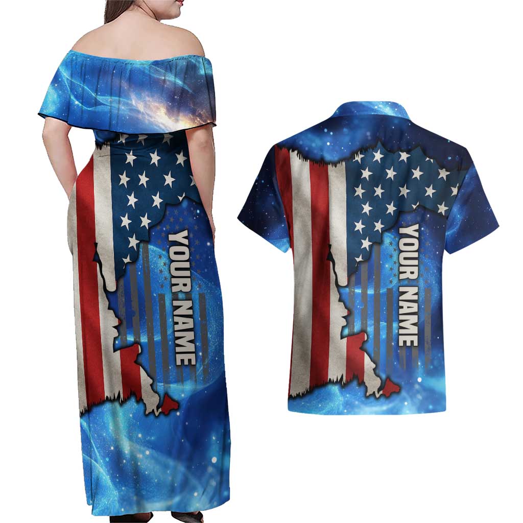 Custom American Flag Universe Patriotic Couples Matching Off Shoulder Maxi Dress and Hawaiian Shirt Blue Galaxy Sky Graphic Design - Wonder Print Shop