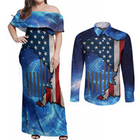 Custom American Flag Universe Patriotic Couples Matching Off Shoulder Maxi Dress and Long Sleeve Button Shirt Blue Galaxy Sky Graphic Design - Wonder Print Shop