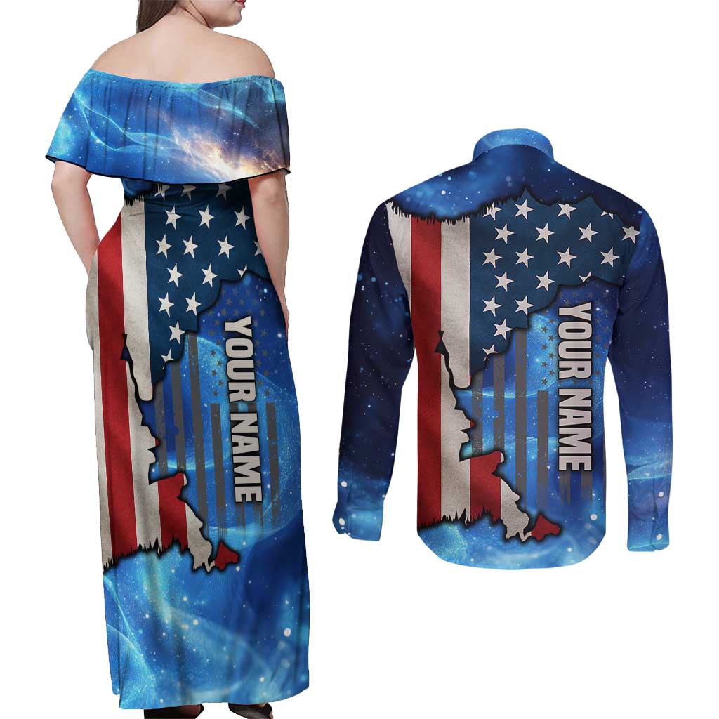 Custom American Flag Universe Patriotic Couples Matching Off Shoulder Maxi Dress and Long Sleeve Button Shirt Blue Galaxy Sky Graphic Design - Wonder Print Shop