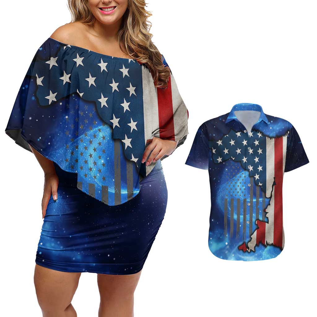 Custom American Flag Universe Patriotic Couples Matching Off Shoulder Short Dress and Hawaiian Shirt Blue Galaxy Sky Graphic Design - Wonder Print Shop