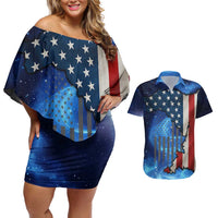 Custom American Flag Universe Patriotic Couples Matching Off Shoulder Short Dress and Hawaiian Shirt Blue Galaxy Sky Graphic Design - Wonder Print Shop