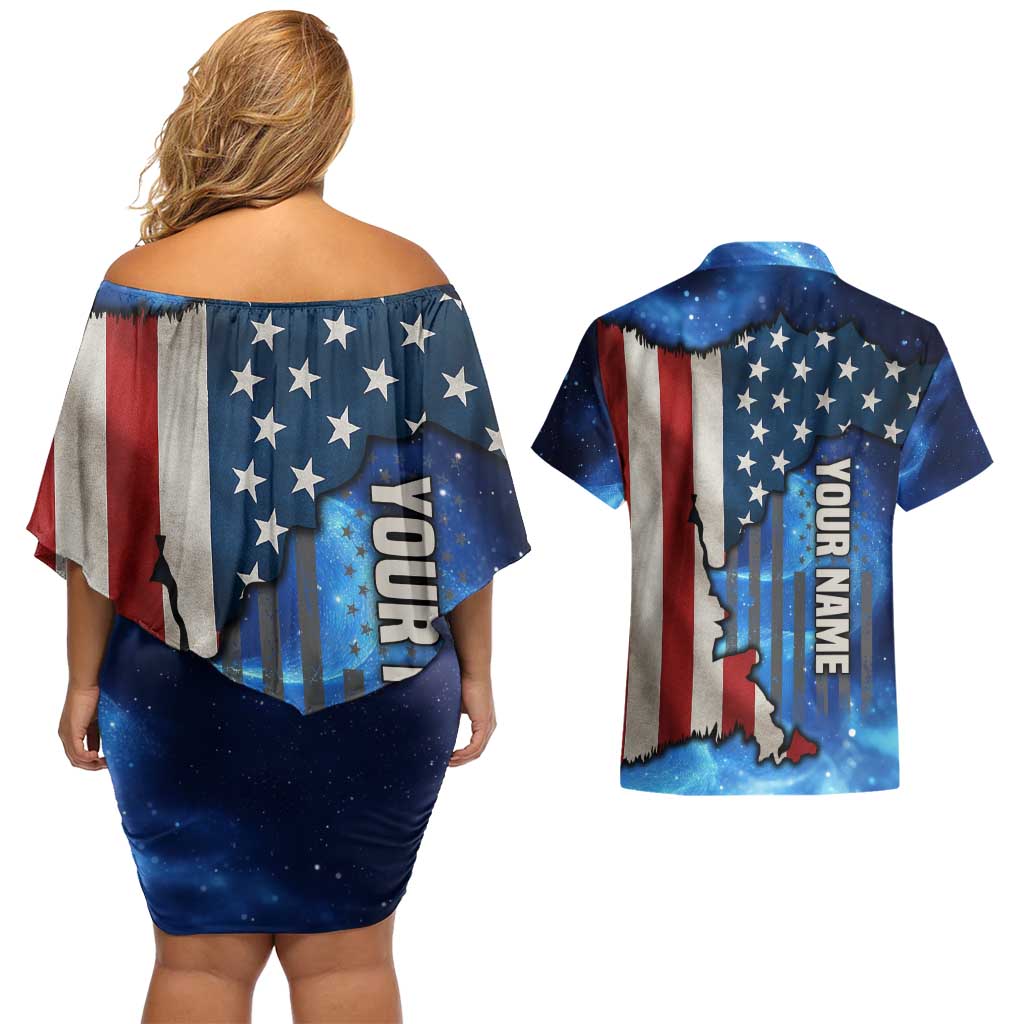 Custom American Flag Universe Patriotic Couples Matching Off Shoulder Short Dress and Hawaiian Shirt Blue Galaxy Sky Graphic Design - Wonder Print Shop