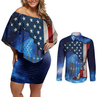 Custom American Flag Universe Patriotic Couples Matching Off Shoulder Short Dress and Long Sleeve Button Shirt Blue Galaxy Sky Graphic Design - Wonder Print Shop
