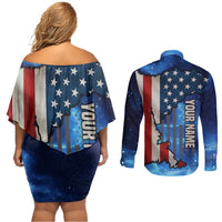 Custom American Flag Universe Patriotic Couples Matching Off Shoulder Short Dress and Long Sleeve Button Shirt Blue Galaxy Sky Graphic Design - Wonder Print Shop