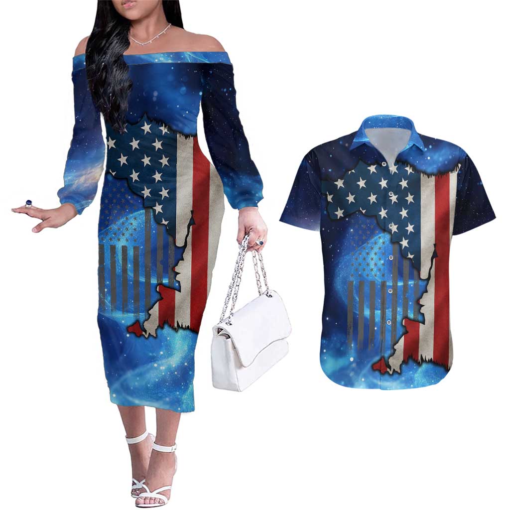 Custom American Flag Universe Patriotic Couples Matching Off The Shoulder Long Sleeve Dress and Hawaiian Shirt Blue Galaxy Sky Graphic Design - Wonder Print Shop