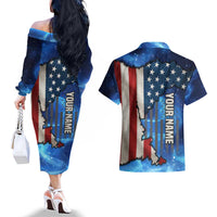 Custom American Flag Universe Patriotic Couples Matching Off The Shoulder Long Sleeve Dress and Hawaiian Shirt Blue Galaxy Sky Graphic Design - Wonder Print Shop