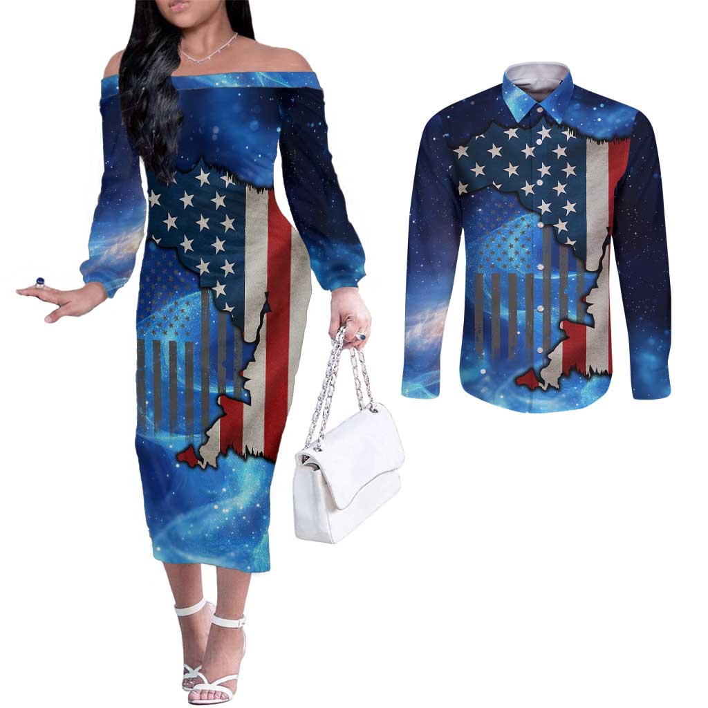 Custom American Flag Universe Patriotic Couples Matching Off The Shoulder Long Sleeve Dress and Long Sleeve Button Shirt Blue Galaxy Sky Graphic Design - Wonder Print Shop