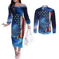 Custom American Flag Universe Patriotic Couples Matching Off The Shoulder Long Sleeve Dress and Long Sleeve Button Shirt Blue Galaxy Sky Graphic Design - Wonder Print Shop