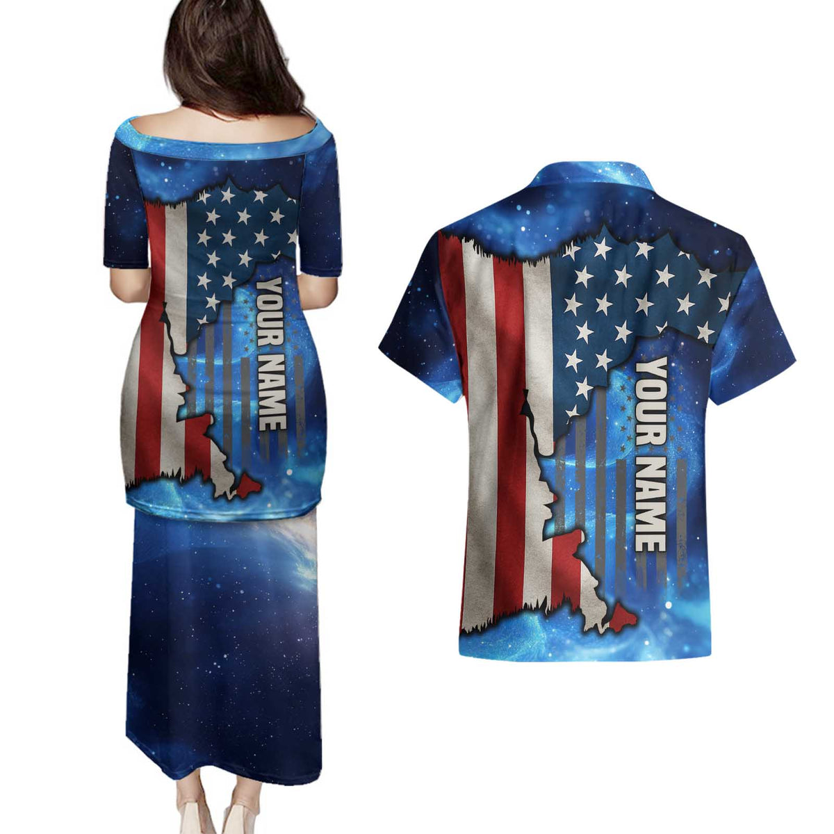 Custom American Flag Universe Patriotic Couples Matching Puletasi and Hawaiian Shirt Blue Galaxy Sky Graphic Design - Wonder Print Shop