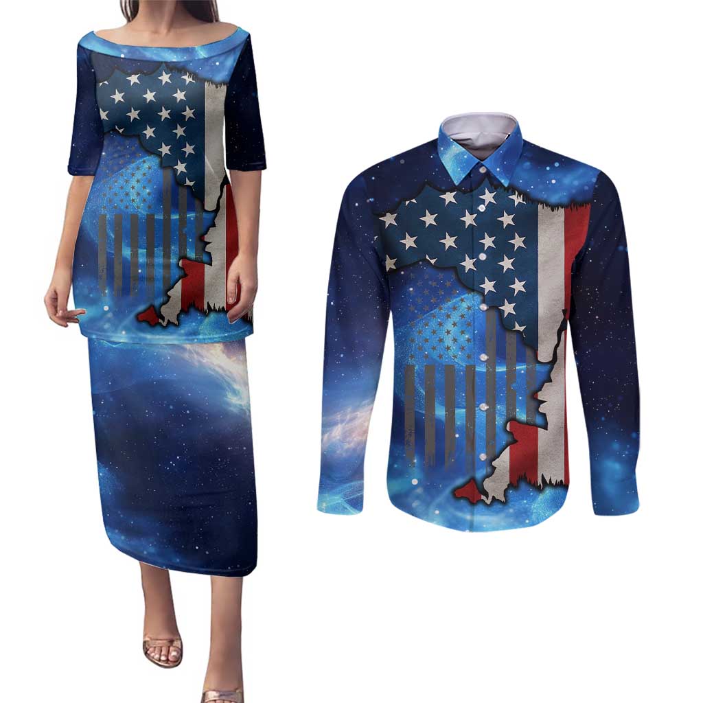 Custom American Flag Universe Patriotic Couples Matching Puletasi and Long Sleeve Button Shirt Blue Galaxy Sky Graphic Design - Wonder Print Shop