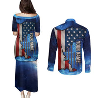 Custom American Flag Universe Patriotic Couples Matching Puletasi and Long Sleeve Button Shirt Blue Galaxy Sky Graphic Design - Wonder Print Shop