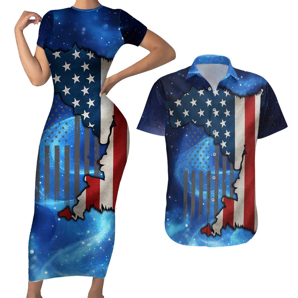 Custom American Flag Universe Patriotic Couples Matching Short Sleeve Bodycon Dress and Hawaiian Shirt Blue Galaxy Sky Graphic Design - Wonder Print Shop