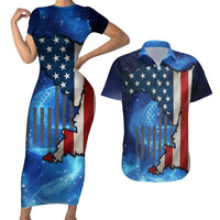 Custom American Flag Universe Patriotic Couples Matching Short Sleeve Bodycon Dress and Hawaiian Shirt Blue Galaxy Sky Graphic Design - Wonder Print Shop