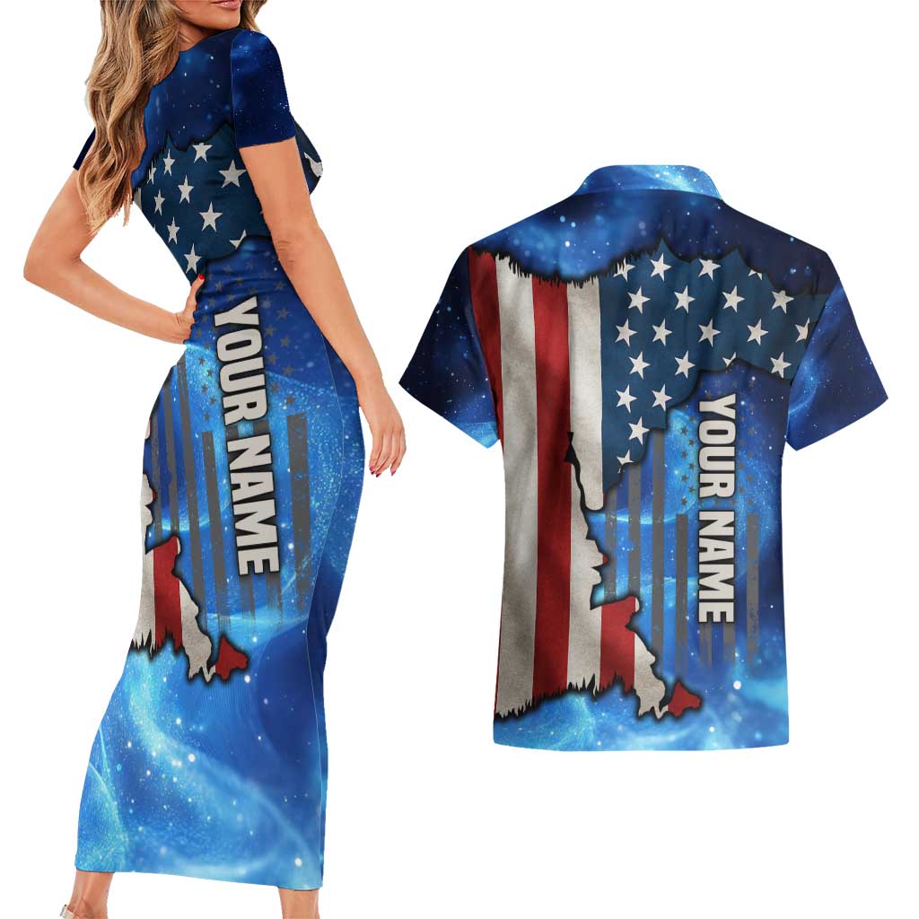 Custom American Flag Universe Patriotic Couples Matching Short Sleeve Bodycon Dress and Hawaiian Shirt Blue Galaxy Sky Graphic Design - Wonder Print Shop