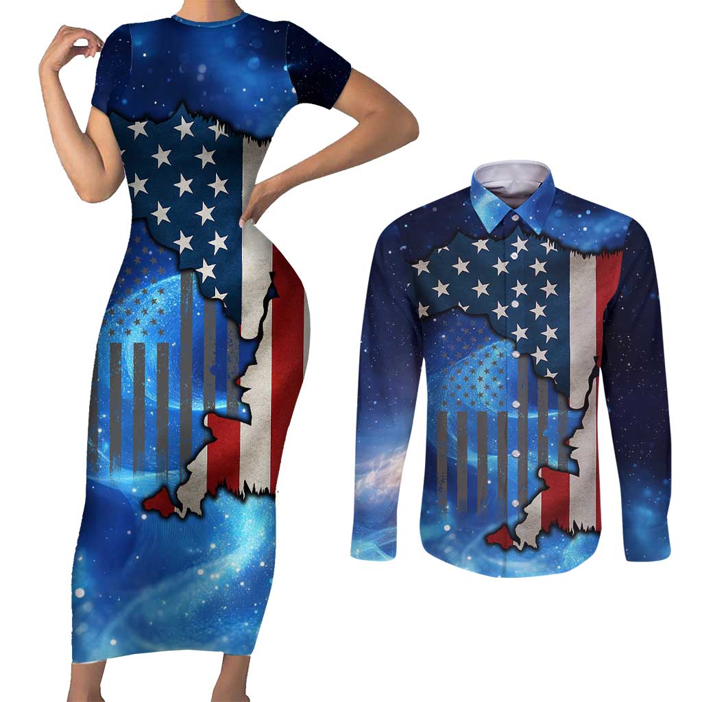 Custom American Flag Universe Patriotic Couples Matching Short Sleeve Bodycon Dress and Long Sleeve Button Shirt Blue Galaxy Sky Graphic Design - Wonder Print Shop