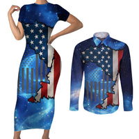 Custom American Flag Universe Patriotic Couples Matching Short Sleeve Bodycon Dress and Long Sleeve Button Shirt Blue Galaxy Sky Graphic Design - Wonder Print Shop