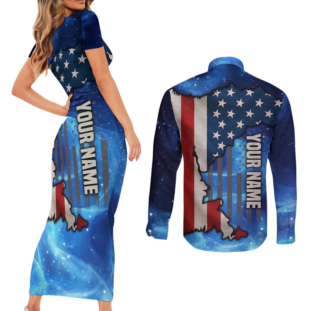 Custom American Flag Universe Patriotic Couples Matching Short Sleeve Bodycon Dress and Long Sleeve Button Shirt Blue Galaxy Sky Graphic Design - Wonder Print Shop